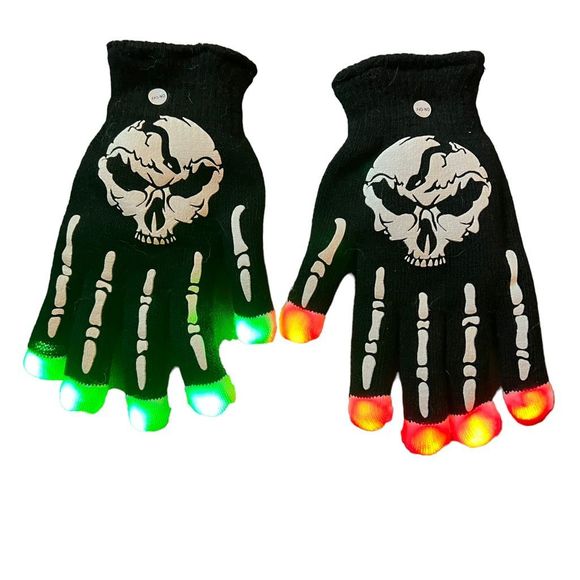 Light Up Skeleton Skull Gloves Adult Size Color Changing Gloves Replaceable Batt - Picture 1 of 8